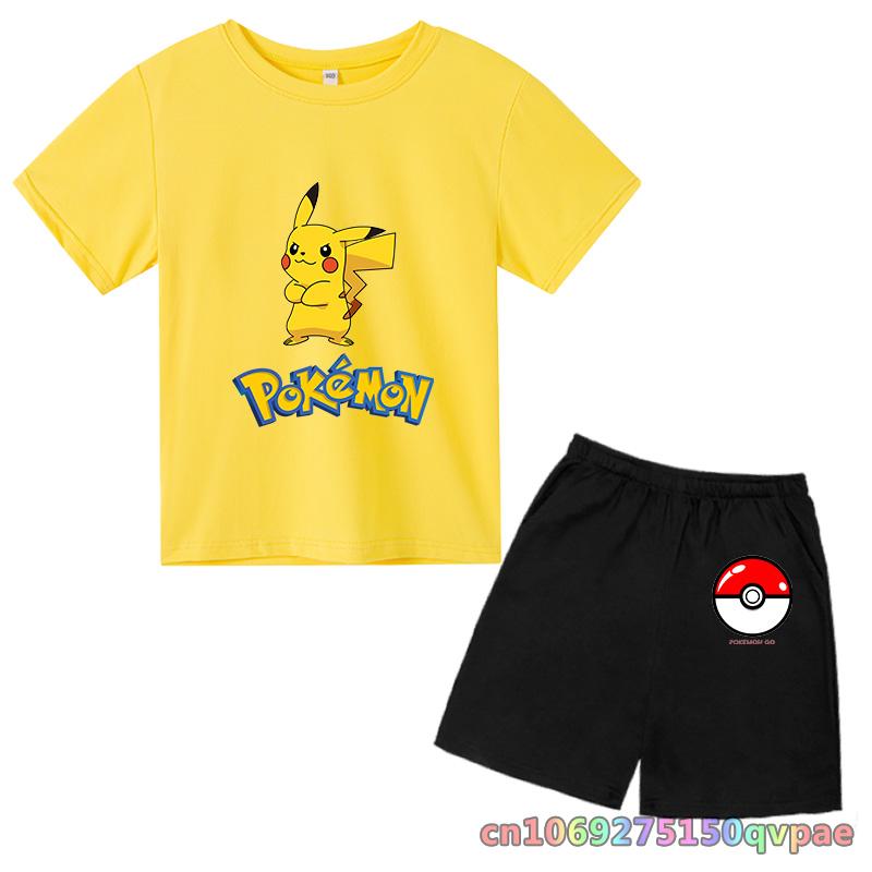 Children's Clothes Cartoon Summer Kids Animal Pokemon T-shirt Set Boys' Clothing  Leisure Cotton Pikachu Print Short Sleeve