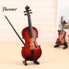 Miniature Violin Figurine Wooden Mini Model with Stand Playable Tiny Ornament Musical Instrument Home Office Desktop Decoration Polished Wood