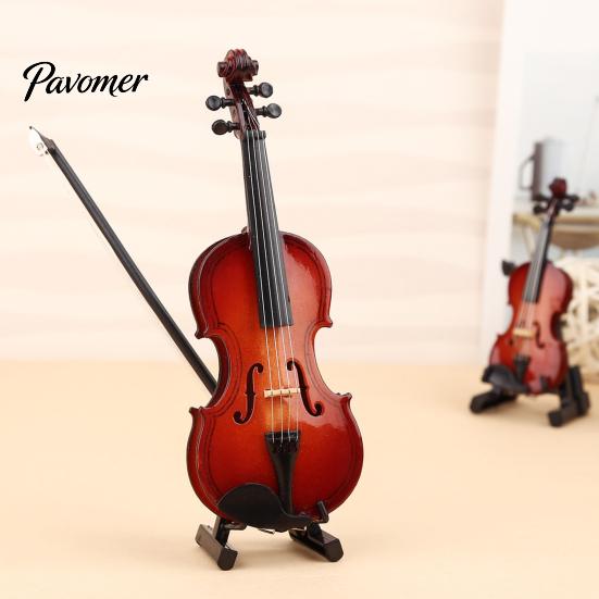 Miniature Violin Figurine Wooden Mini Model with Stand Playable Tiny Ornament Musical Instrument Home Office Desktop Decoration Polished Wood