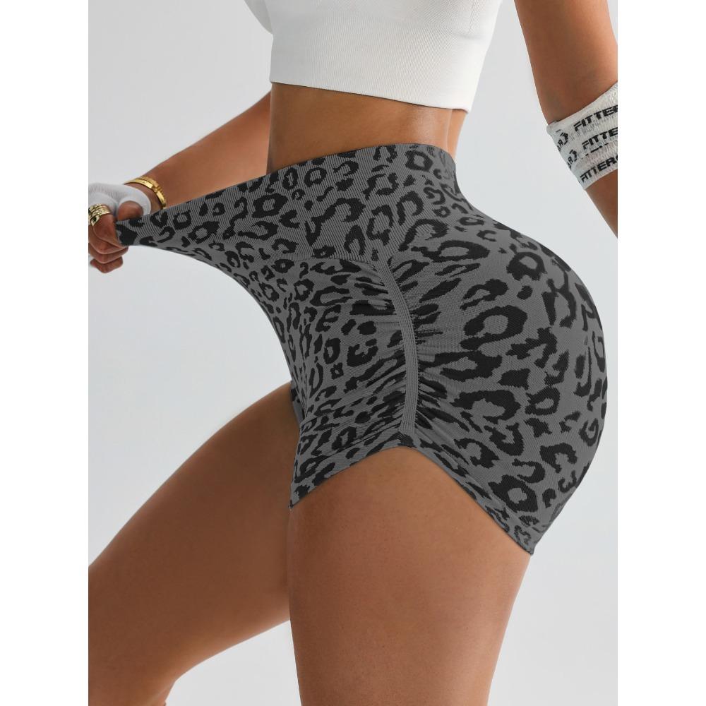 Explosive high-waisted belly-tucking leopard print yoga three-point pants women's buttocks lift tight running peach fitness shorts