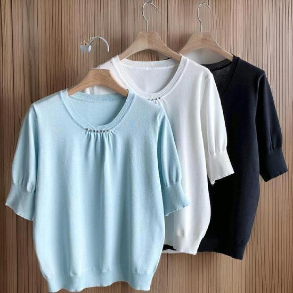 New ArrivalS Open Run Women S Round Neck baSic BuTTon Shirring 6 7 Sleeve KniT T