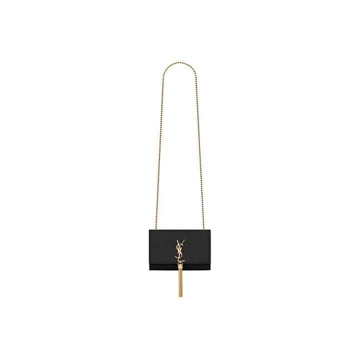 Saint Laurent Ysl Kate Gold Logo Grainy Embossed Leather Tassel Chain Shoulder Bag Small Women Bags Black 474366-BOW0J-1000