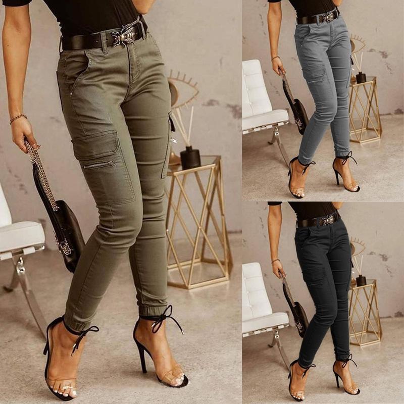 New European & American Women's Low-Waist Jogger Pants - Solid Color, Buttoned, Pocket, Skinny Fit
