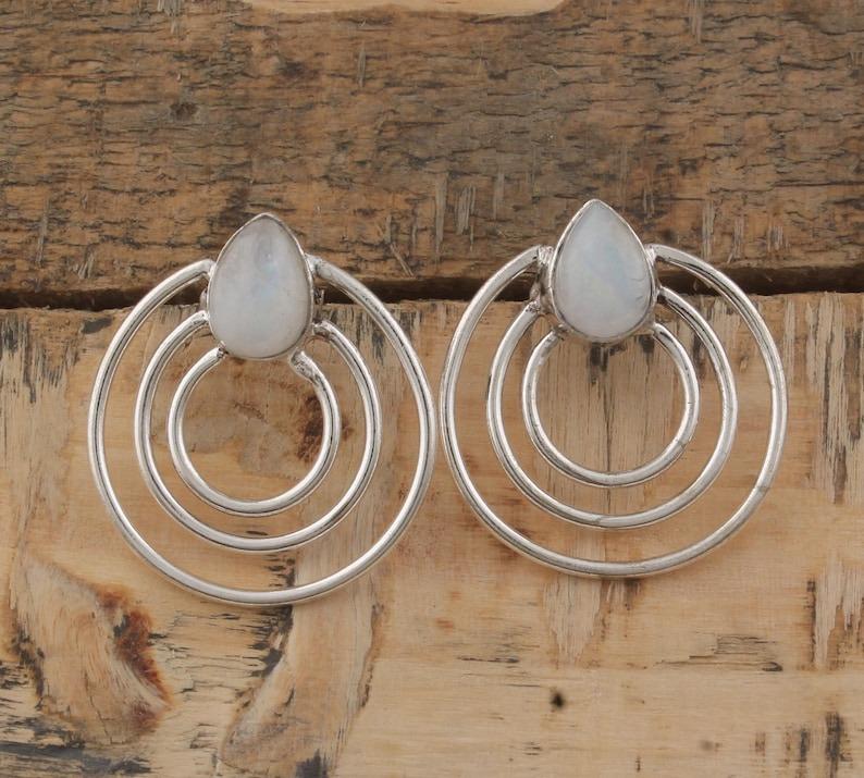 Solid 925 Sterling Silver Moonstone gemstone Stud Earring Handmade Jewelry Gift For Her Boho Jewelry