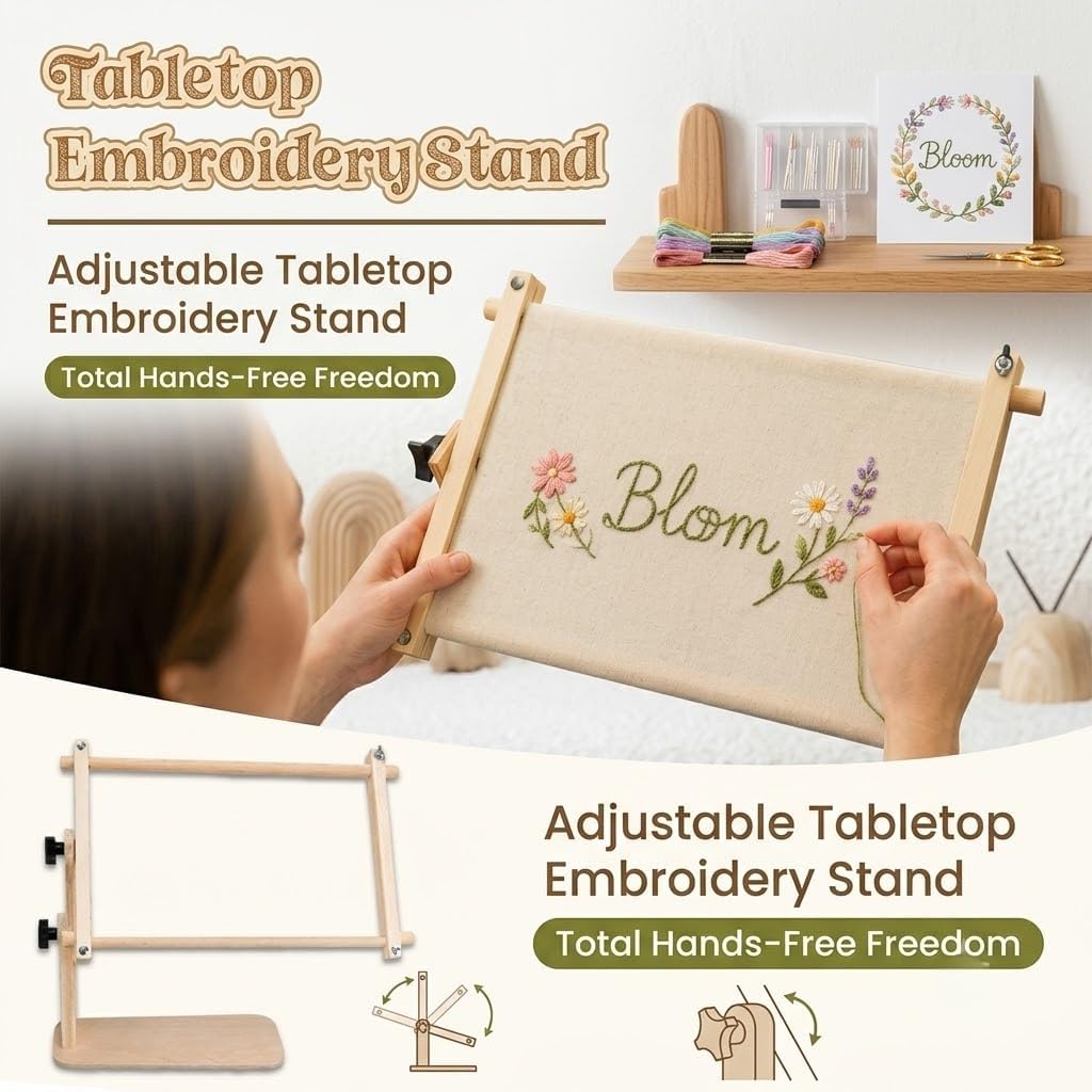 Portable Adjustable Tabletop Embroidery Stand with Split Rail Scroll Frame Hands-Free Ergonomic Cross Stitch Holder Needlework Tapestry Lap Frame
