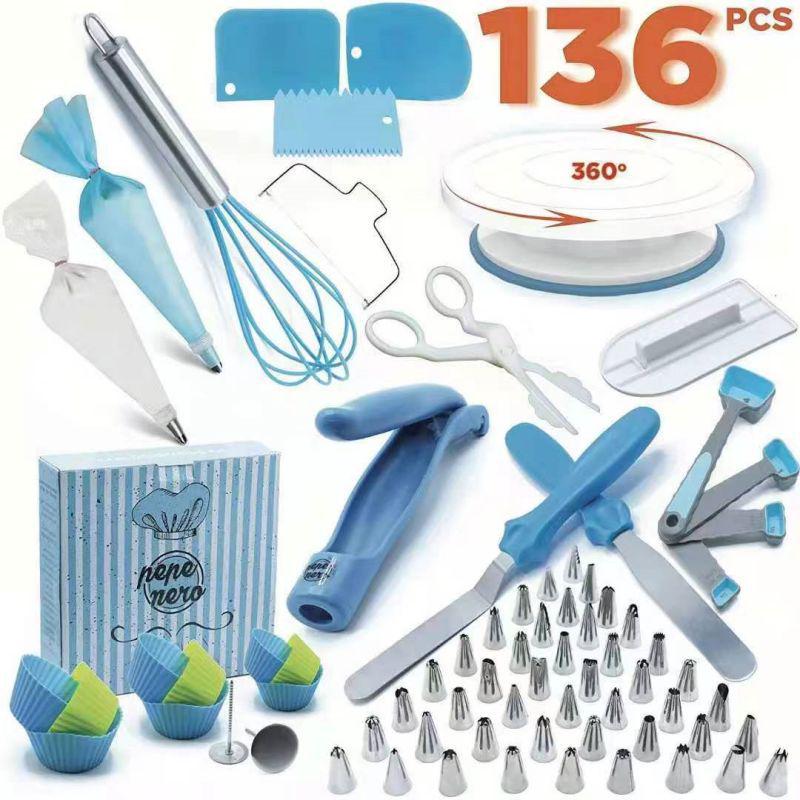 240-Piece Cake Decorating Set: Turntable, Piping Bags, Cream & Pastry Tips, Scraper, Whisk