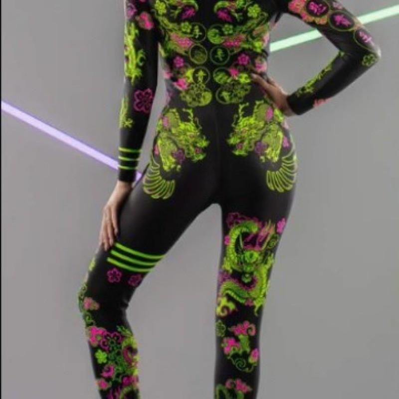 Adults Dancing Stage Party Performance Green Dragon Printing Outfit Women Halloween Cosplay Dress Up Costume Jumpsuit