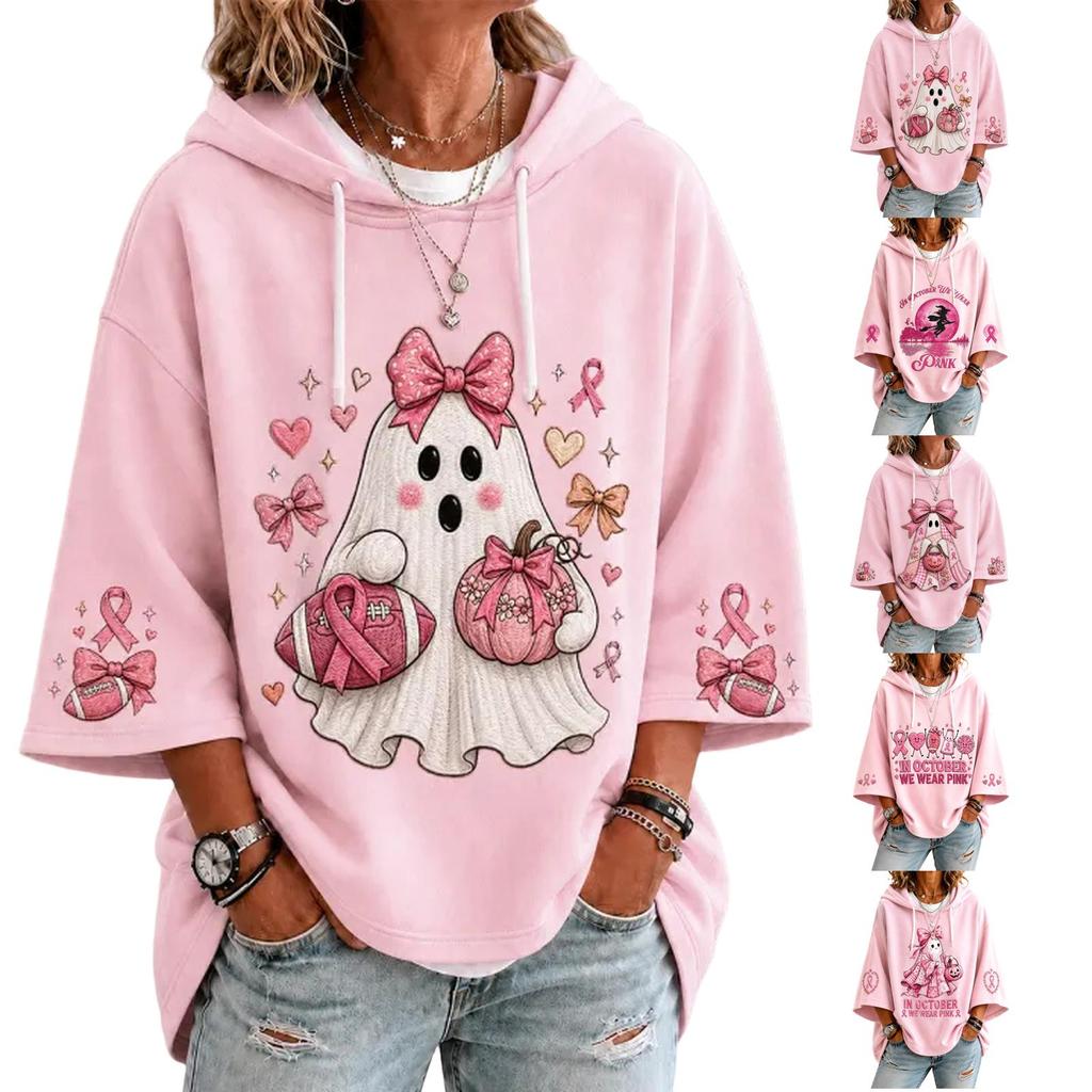 Women's Casual Printed Hooded Pullover Top with Three-Quarter Sleeves and Ribbon