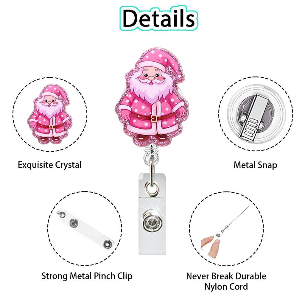 Christmas Badge Holder Sturdy Glitter Acrylic Badge Reel Pink Santa Badge Holder Funny For Hospitals Office Exhibitions