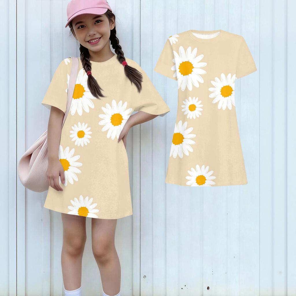 Girls Print Casual Dress Kids Loose Round Neck Short Sleeve Thin Sundress