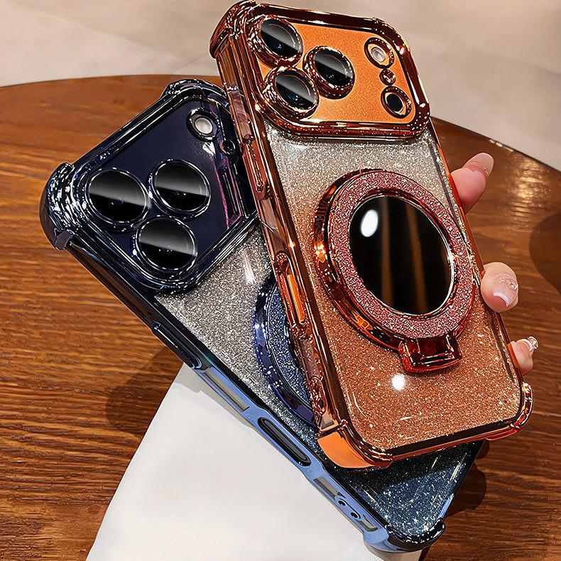 Compatible with iPhone 17/16 Pro Glitter Makeup Mirror Magnetic Stand Case, Airbag Drop-Proof for iPhone 14/15.