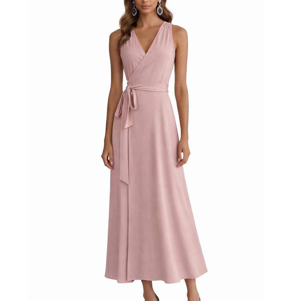 Sleeveless V Neck Wrap Dress for Women with Adjustable Waist Tie and Flared Hem Suitable for Daily Wear and Events