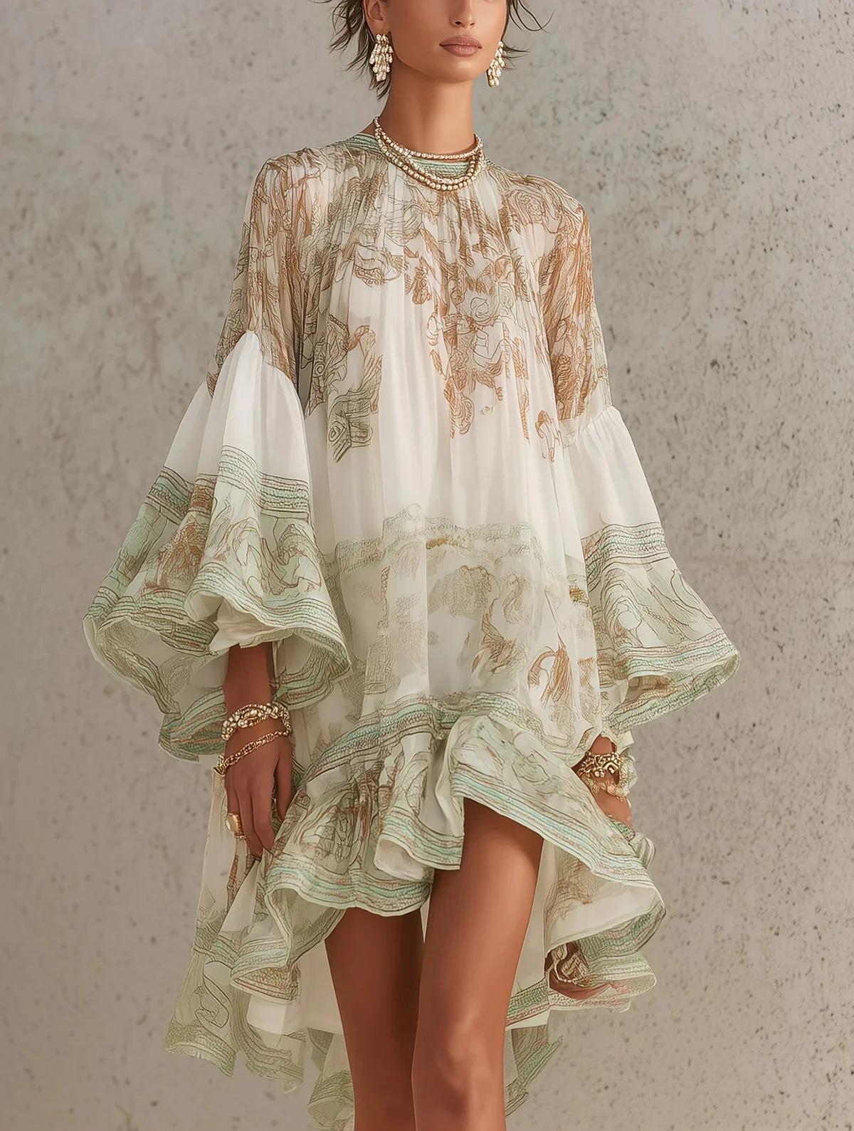 2026 European and American style, independent station, trumpet sleeve retro printing, asymmetrical ruffle edge, dress S слоновая кость