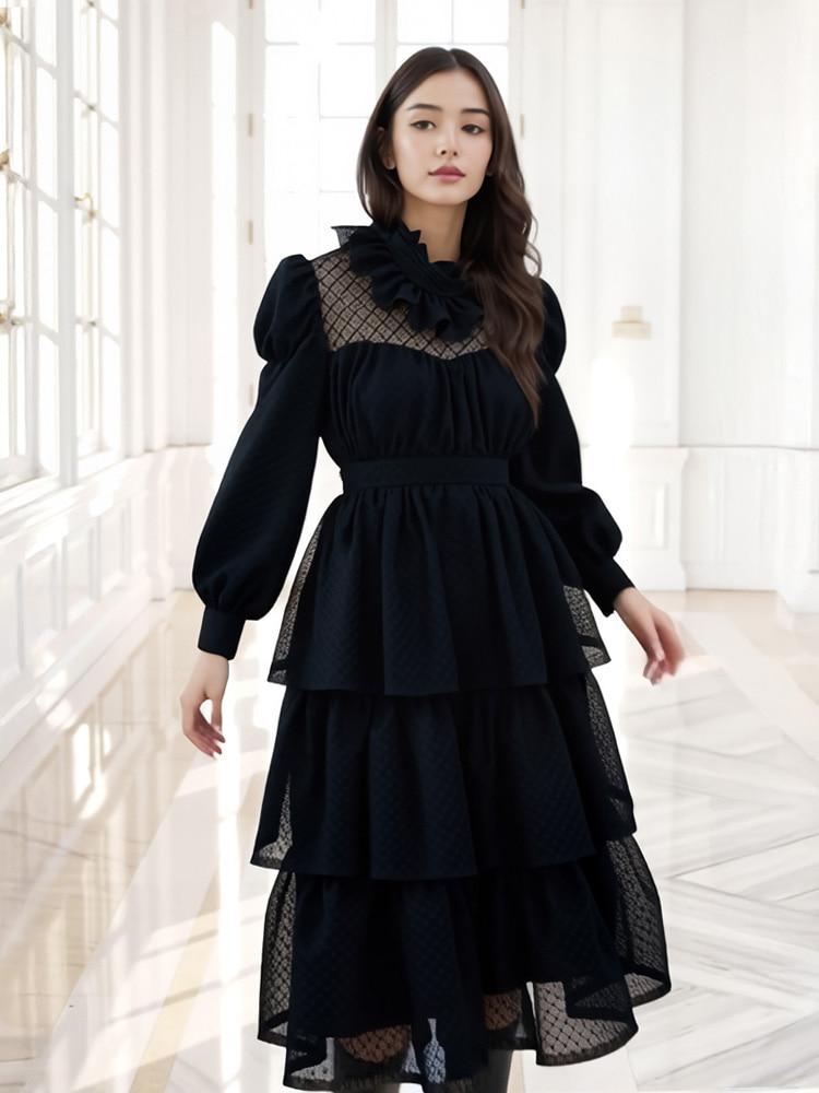 L By L Black Ruffle Tiered Lace Dress