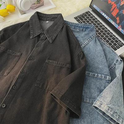 "Men's Japanese Street Style Denim Short-Sleeve Shirt – Loose, Hip-Hop, All-Match Fashion"