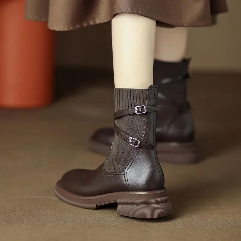 Women's New Chelsea Boots Retro Women's Thick Soled Shoes Thick Heel Elastic Socks Women's Ankle Boots Botines Chelsea