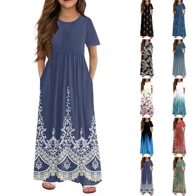 Vestido Longo de Verão para Meninas - Vestido Maxi de Bolso de Manga Curta Para 4-14A