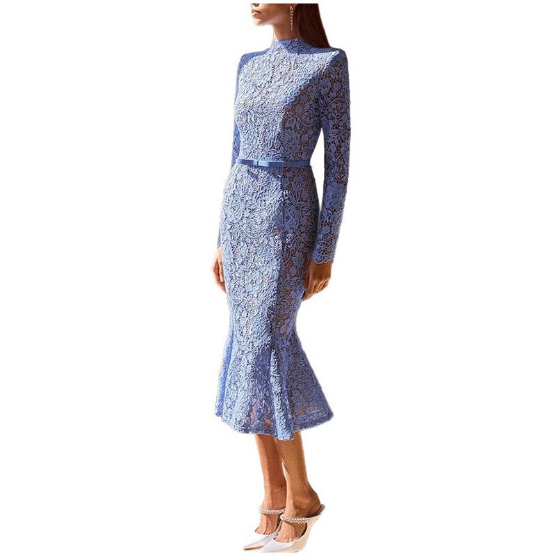 Ladies' Perspective Lace Hollow Belt Long Sleeve Fishtail Dress Solid Color Lace Decorative Elegance Ladies' Long Sleeve Dress Spring Autumn New Style