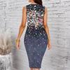 Women Plus Size Sleeveless Round Neck Midi Bodycon Dress Vertical Stripe And Bottom Floral Print Slim Fit Dress