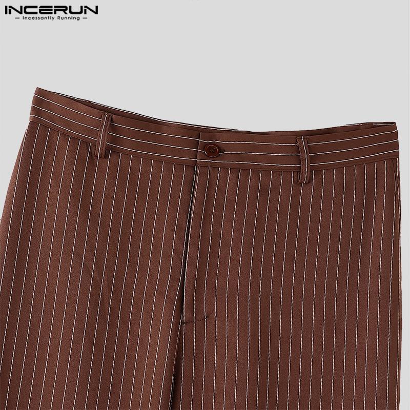 INCERUN Seturi Casual de Pantaloni de Costum pentru Bărbați din Două Piese cu Mânecă Lungă, cu Gât Rotund, cu Dungi și Fante