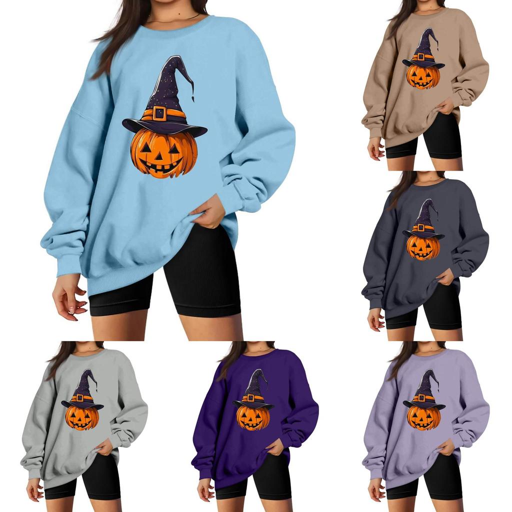 Women's Neck Long Sleeve Casual Loose Fit Sweatshirt Pullover with Color or Small Halloween Print