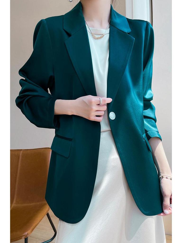 White Silk Satin Women's Suit Jacket - High-End Korean Style for Spring/Autumn 2025
