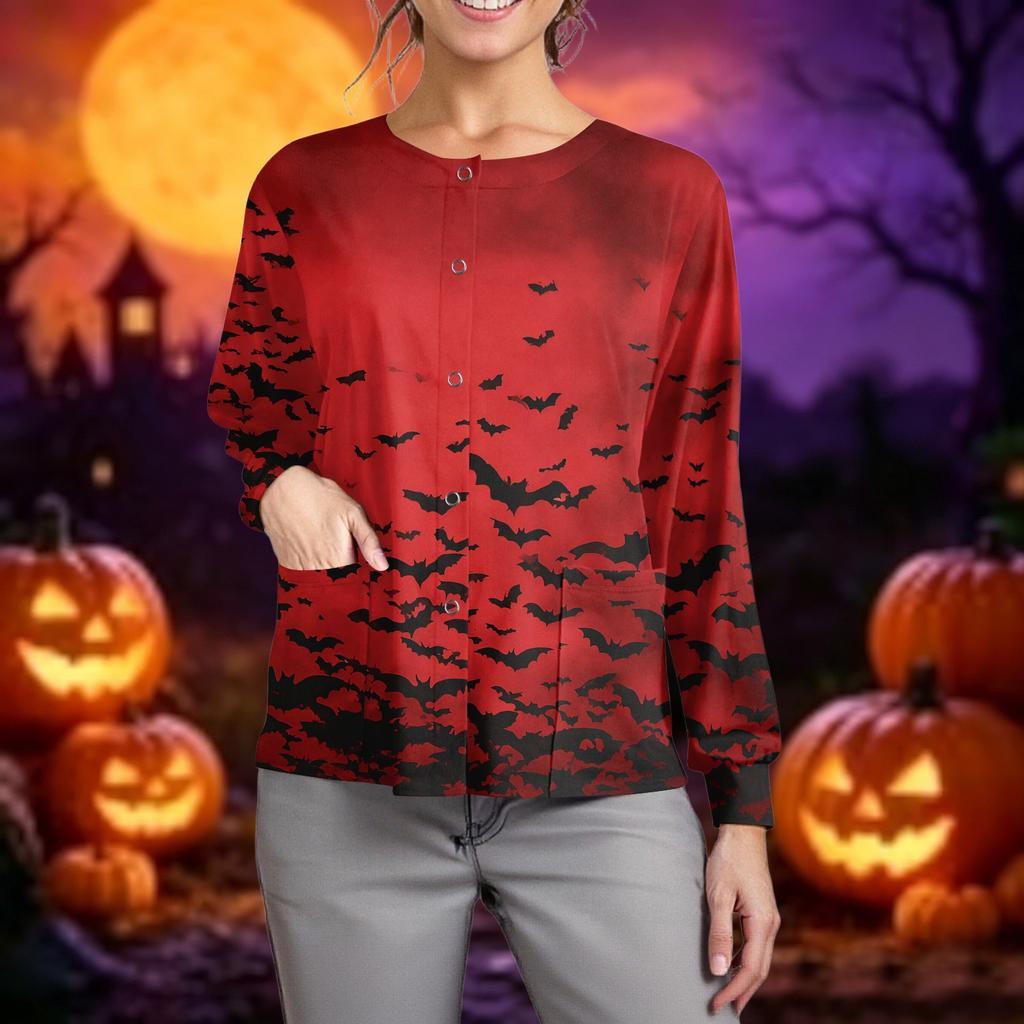 Women's Casual Long Sleeve Button Up Cardigan Halloween Print Lightweight Pullover Sweater for Caregivers and Everyday Wear