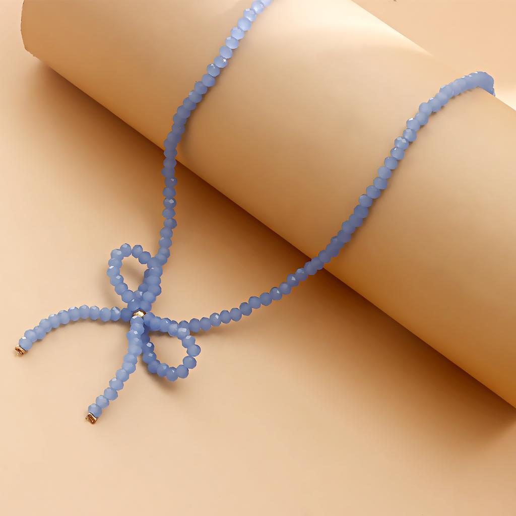 Crystal Bowknot Choker Necklace for Girls Trendy Romantic Handmade Rice Beads Short Neck Chain Jewelry Gift for Friends
