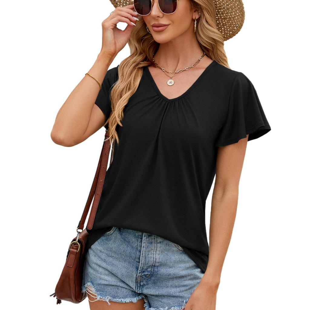 Women's Solid Color Ruched V-neck Loose Short Sleeve T-shirt Top  Summer Casual Fashion