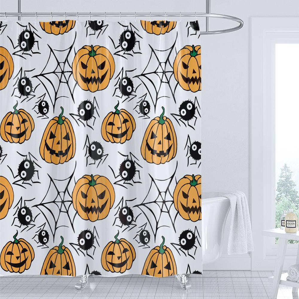 Halloween Shower Curtain Pumpkin Skull Ghost Cartoon Children Bathroom Curtain Bathtub Decoration Halloween Curtain with Hooks