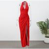 Sexy Solid Pleated Halter Dress Women Fashion Sleeveless Backless Waist-cinching Split Maxi Dresses Summer Lady Party Gowns