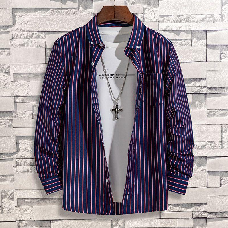 Spring and Autumn Vertical Striped Printed Shirt Men's Middle-aged and Young Comfortable Pocket Long-sleeved Shirt Men