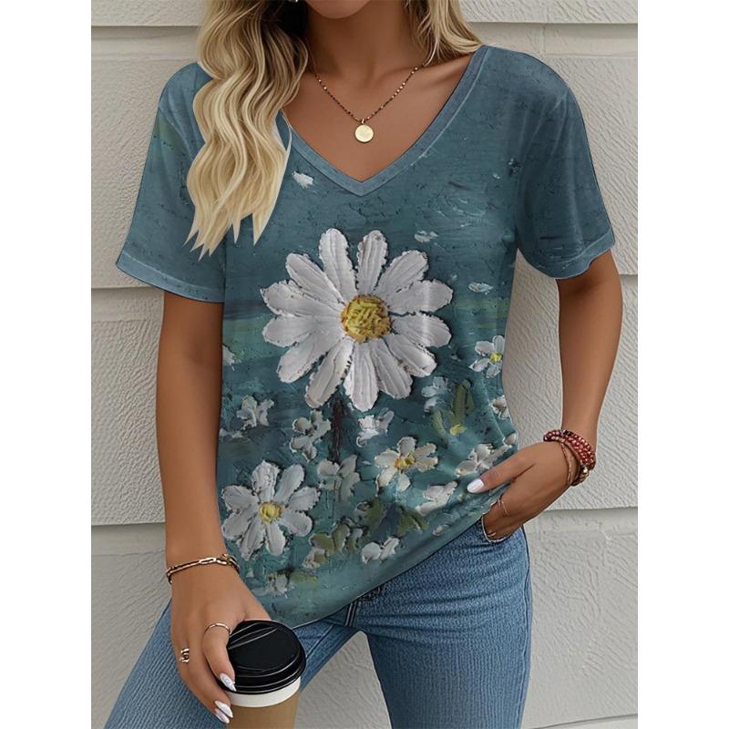 2025 Ethnic Women's T-Shirt Vintage Graphic Fashion Short Sleeved V-Neck Regular Tops Daily Print Tee Summer
