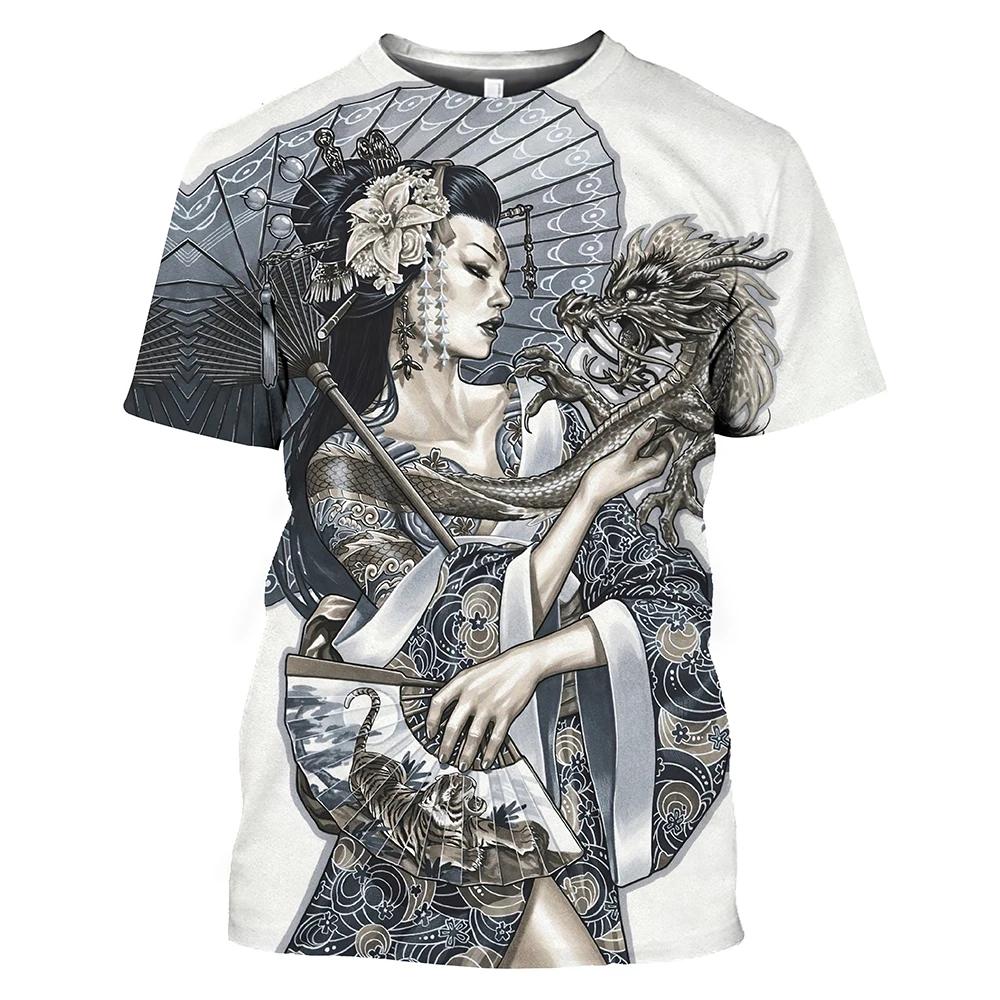 Summer Fashion Japanese Geisha Cool T Shirt Men Casual Fun Personality Harajuku Printed Round Neck Short Sleeve Streetwear Top