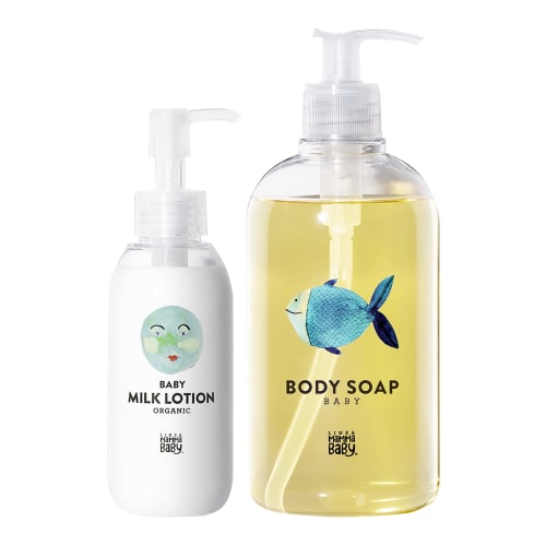 Mama Baby Milk Lotion & Body Soap Set, Additive-Free, Organic, Sensitive Skin, Suitable for Parents and Children (150mL X 500mL)