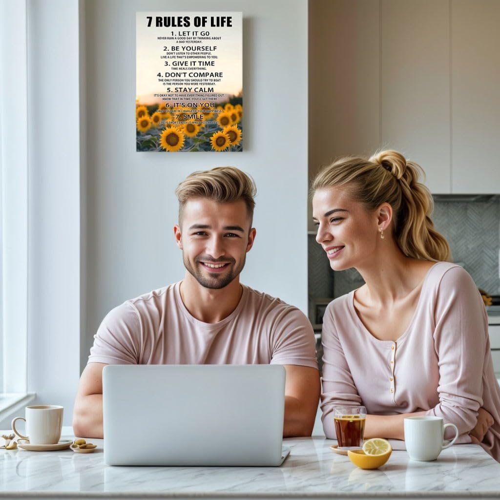 Motivational Wall Decor for Office & Classroom - 7 Rules of Life Pirational Positive Affirmations Wall Art, Sunflowers Uplifting Quotes Canvas