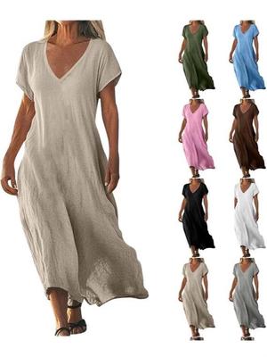 V-Neck Loose Solid Color Cotton Linen Women's Dress