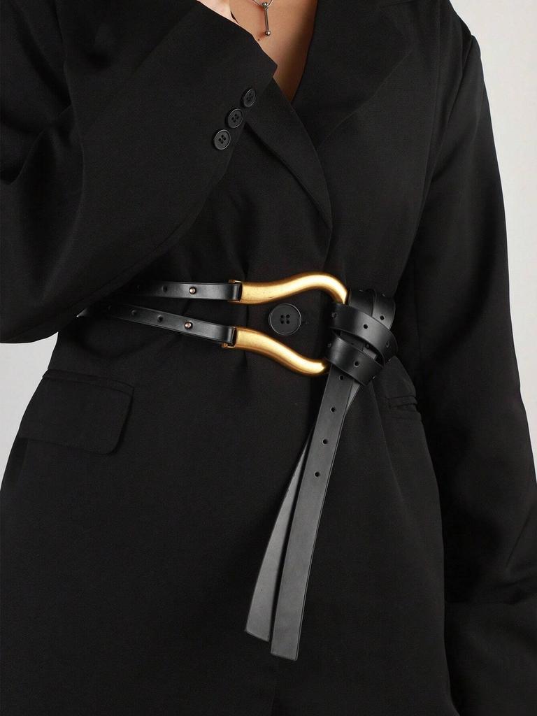 1pc Black Wide Horseshoe Buckle Belt for Women, Versatile Suit Waist Belt For Dress Skirt