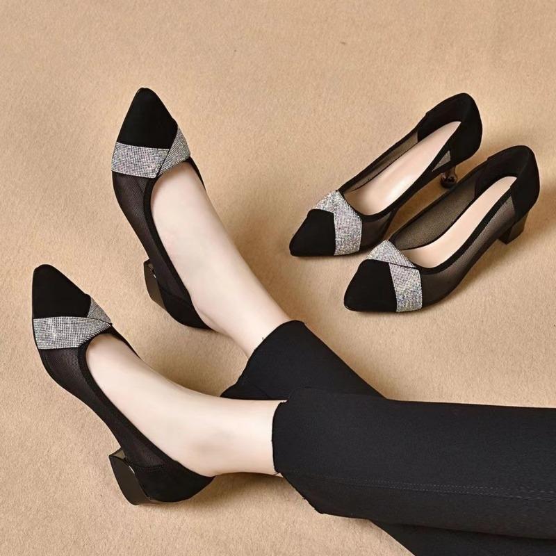Women Pumps Autumn Black Shoes of Women Fashion Crystal High Heel Dress Pointed Grace Comfortable Low Heels Sexy Women High Heel