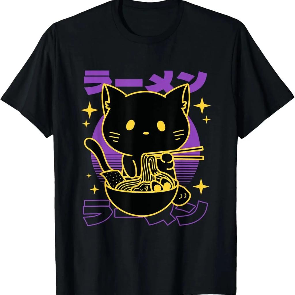 Ramen Cat Japanese T Shirt Vintage Washed Streetwear Stretched Graphic Versatile Soft Comfortab