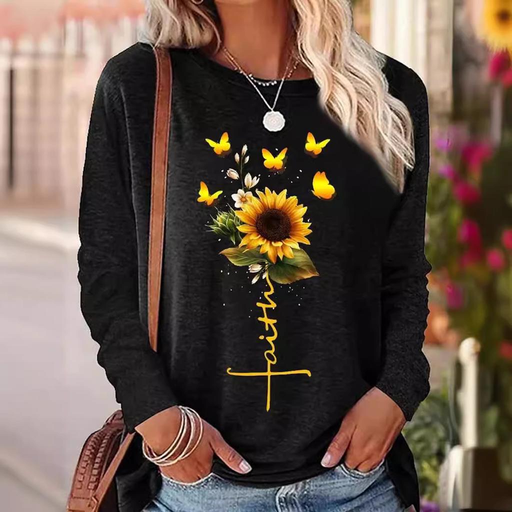 Round Neck 3D Printed Sunflower Pattern Top Fashionable Casual Long Sleeved Women's T-shirts