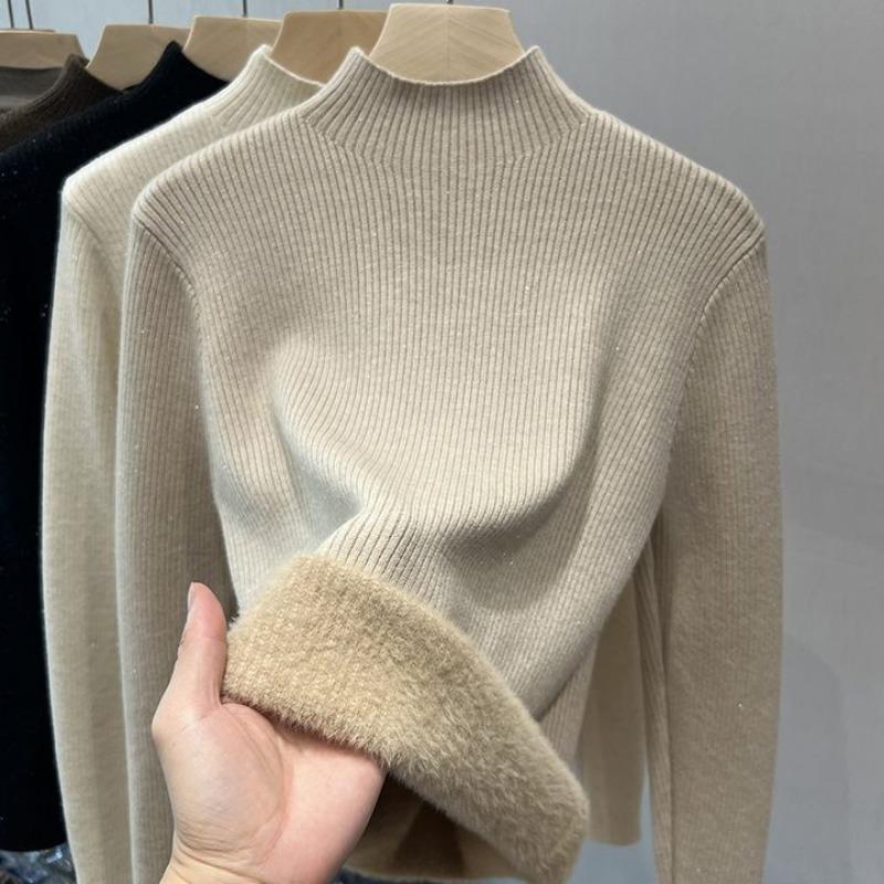 Women Solid Bright Fleece Warm Sweaters Casual Slim-fit Elegant Pullovers Half Turtleneck Long Sleeve Knitwear Jumpers