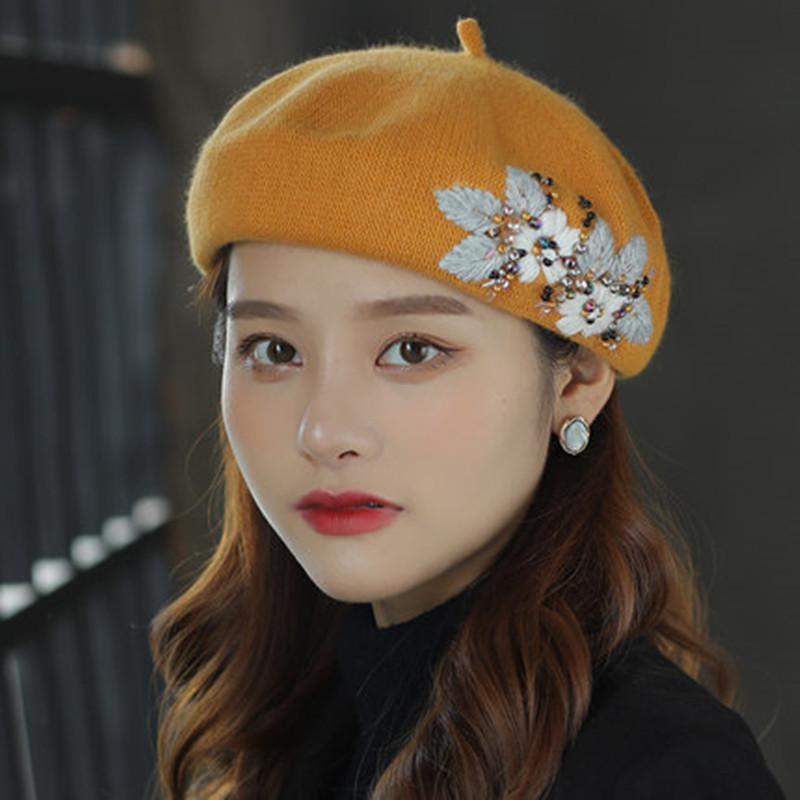 

Beret Hats for Women French Artist hat Fashion Ladies Winter Beanie Embroidered Handmade Flower with Colorful Crystal 56-58CM