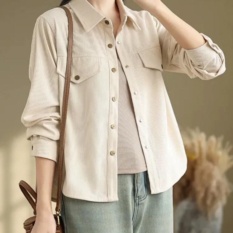 

Women s Loose Casual Blouse Light Beige Lapel Double Pocket Daily Office Shirts S абрикосовий