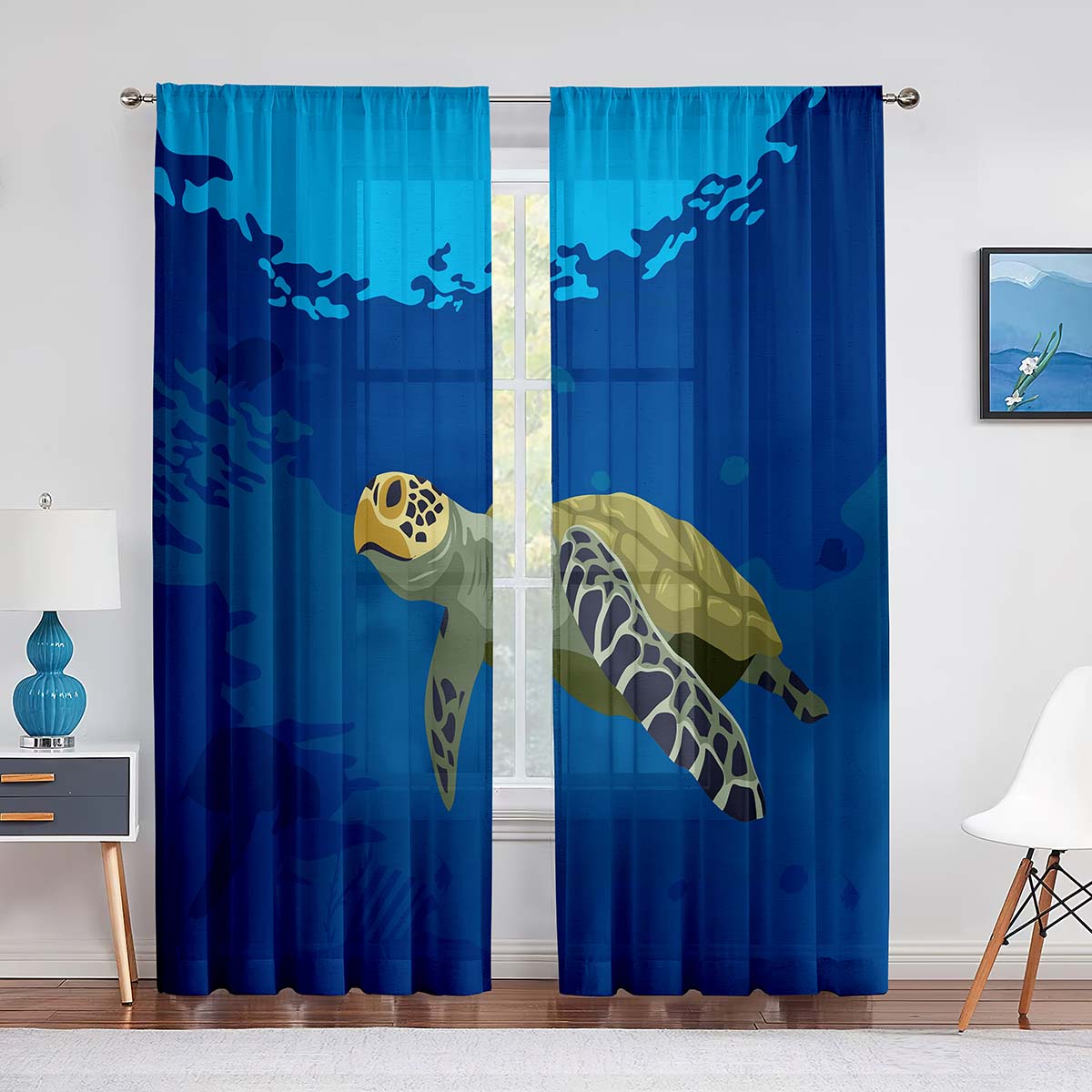 

Тюль с изображением морских черепах для украшения гостиной, морские животные, чернильно-синяя шифоновая вуаль, занавеска для кухни и спальни 1 PCS W100XH250cm&Grommet Top