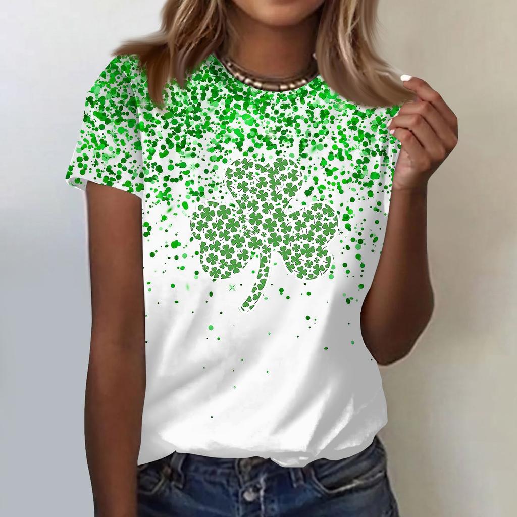 Women's  Casual Short Sleeve Shirts Fashion St Patrick's Print Tunic Tops With Pockets
