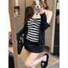 Kumikumi Stylish Thin Black Long Sleeve Cardigan Jacket Women's Clothing Autumn Inner Wear Stripes Tube Top Two-piece Set