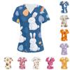 Women's V-neck Three-pocket Short-sleeved Easter Print Uniform/caregiver Top With Slits At The Hem