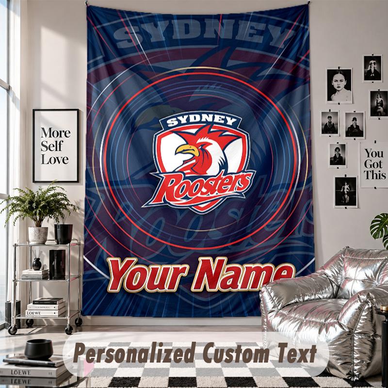 Wandbehang mit individuellem Namen & Text, Dekorative Tapisserie der Sydney Roosters für das Schlafzimmer