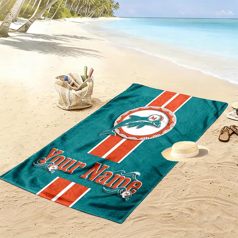 Name Custom Miami Dolphins Print Beach Towel, Large Soft Quick Dry Towel for Beach Camping Swimming